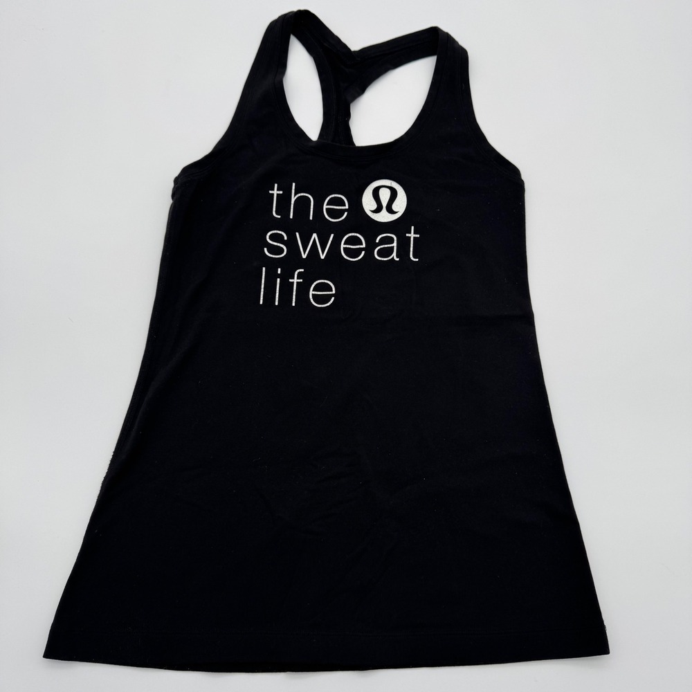 Lululemon The‎ Sweat Life Racerback Tank Top Black Graphic Yoga Gym Shirt Womens